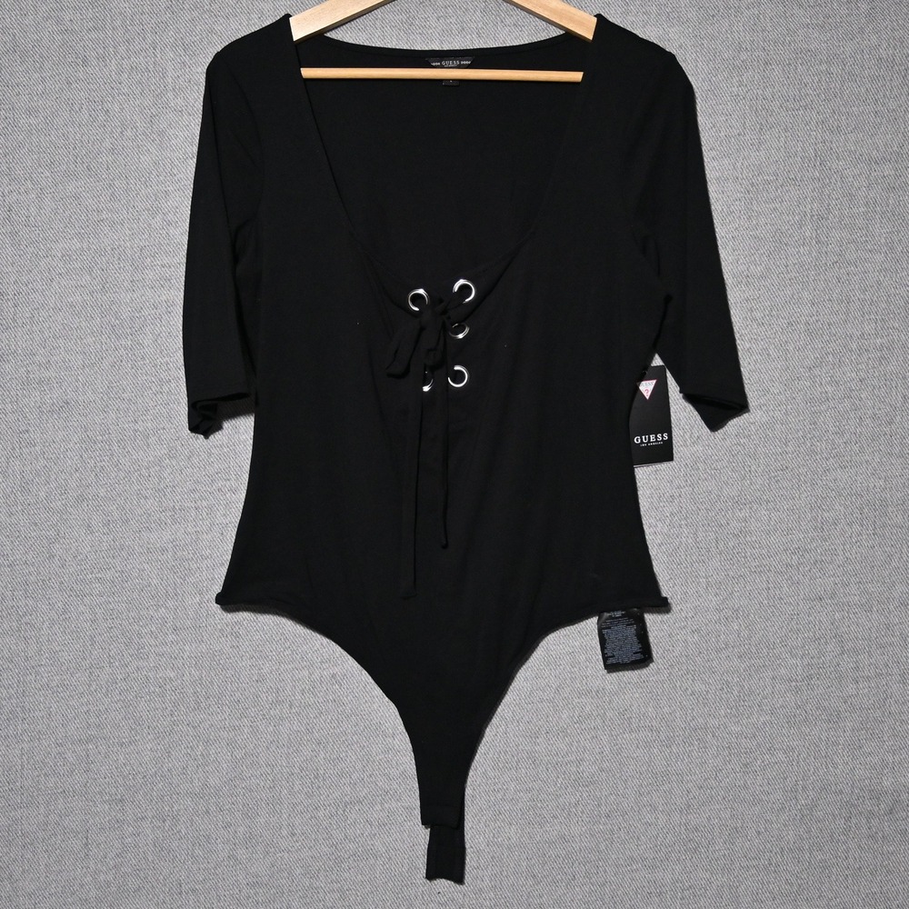 Guess Sabrina Bodysuit Womens Lace Up Half Sleeve Large Jet Black W91P91R49A5